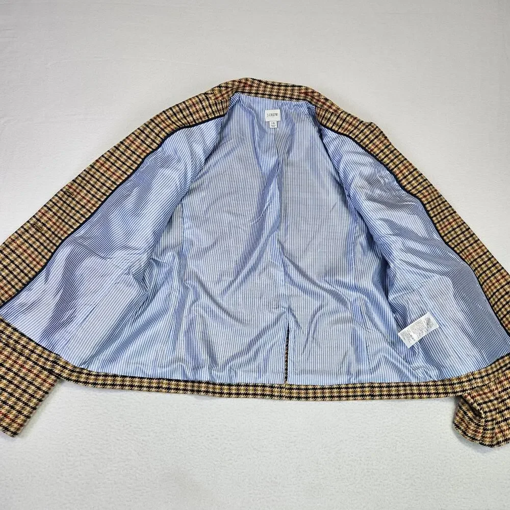 J.Crew Tweed Schoolboy Blazer Women 14 Camel Navy Plaid Gold Crest Buttons NEW